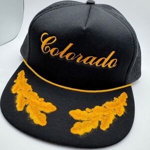 Vtg Colorado SCRIPT Trucker Hat OSFA Black Yellow Scrambled Eggs Mesh Snapback